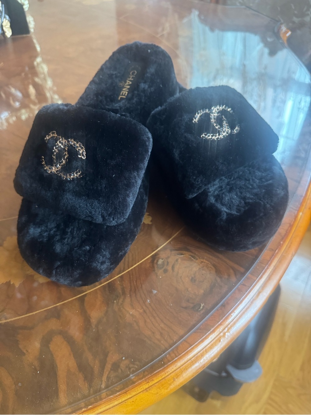 Black Faux Fur CC Chain-Trim Slide Slippers Sz 40.0 USA Sz 10.0